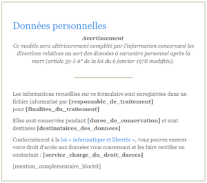 Le formulaire proposé par la CNIL regroupant l'ensemble des informations à obligatoirement mettre à disposition du client pour qu'il soit en pleine connaissance de ses droits et des acteurs dans la récupération et le traitement de ses données